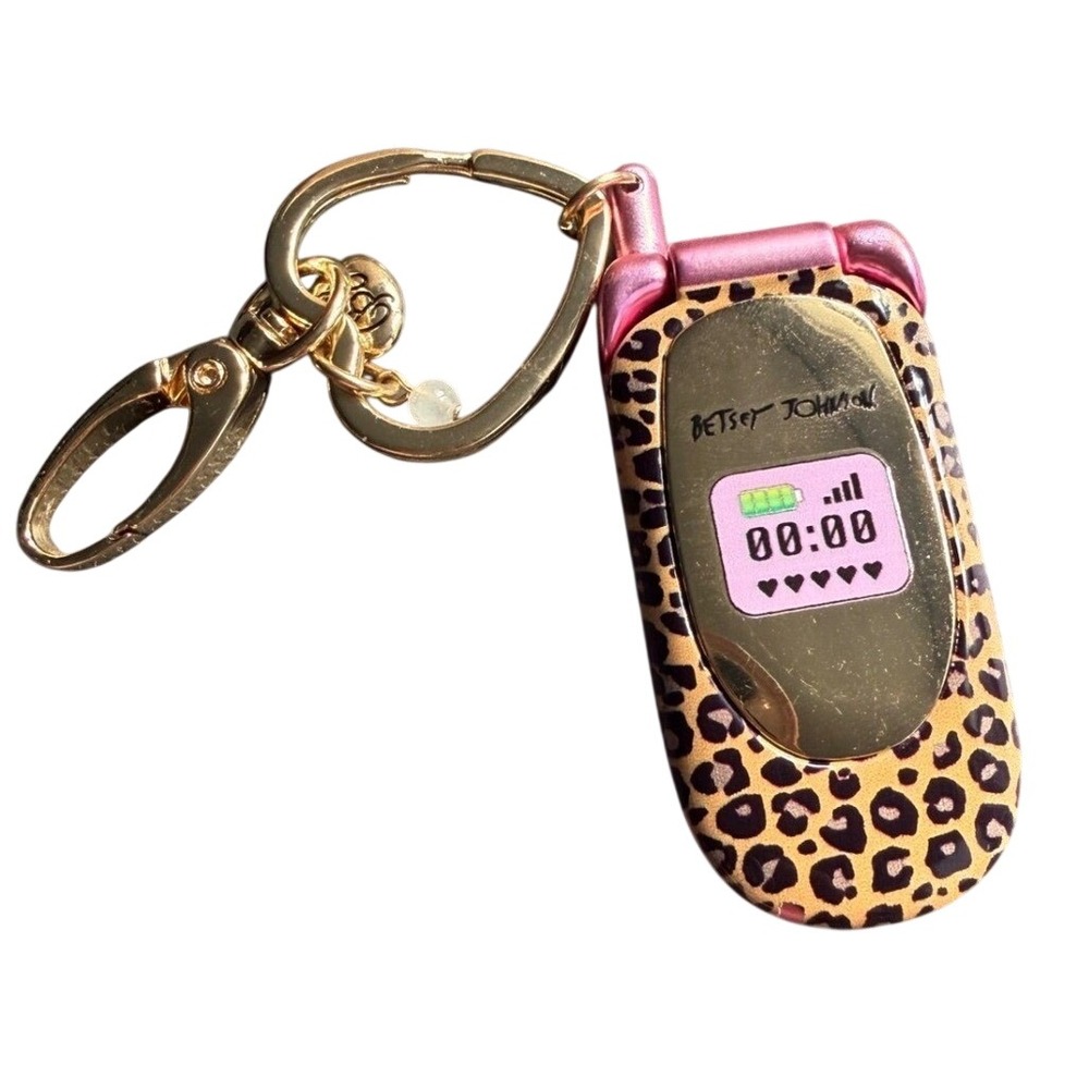 Betsey Johnson Pink Leopard Flip Phone Bag Charm Keychain Y2K Retro